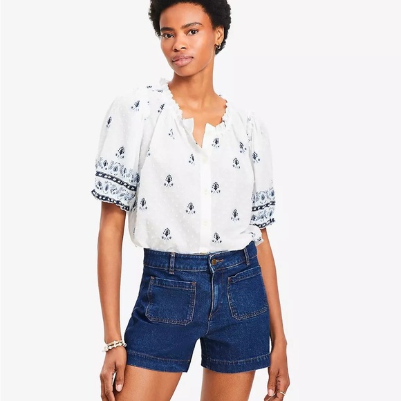 LOFT Border Floral Clip Pleated Blouse size small. - Picture 2 of 10